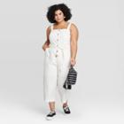 Women's Plus Size Sleeveless Square Neck Button-front Linen Jumpsuit - Ava & Viv Cream X, Women's, Ivory