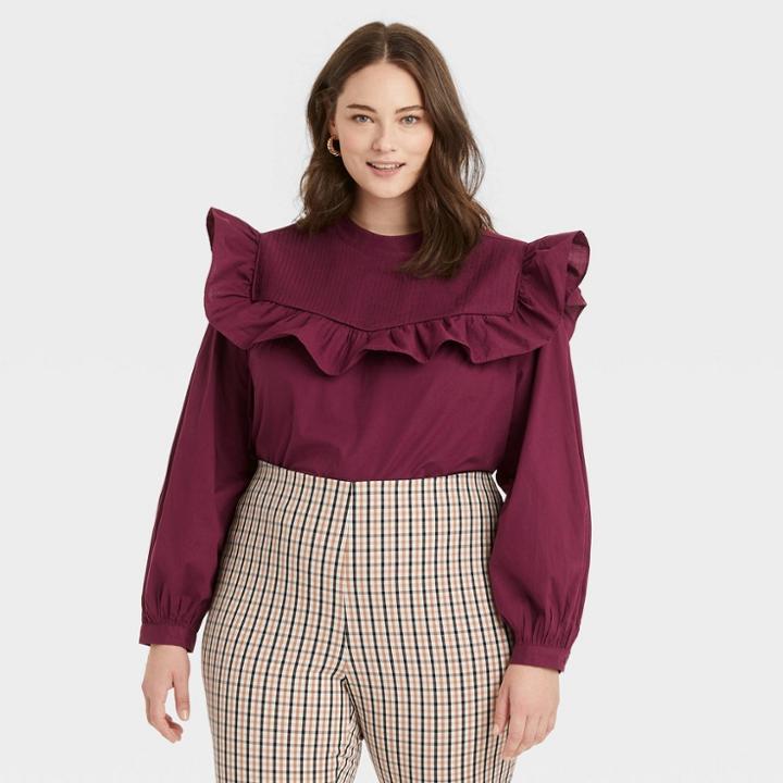 Women's Plus Size Long Sleeve Ruffle Yoke Top - A New Day Burgundy