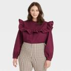 Women's Plus Size Long Sleeve Ruffle Yoke Top - A New Day Burgundy