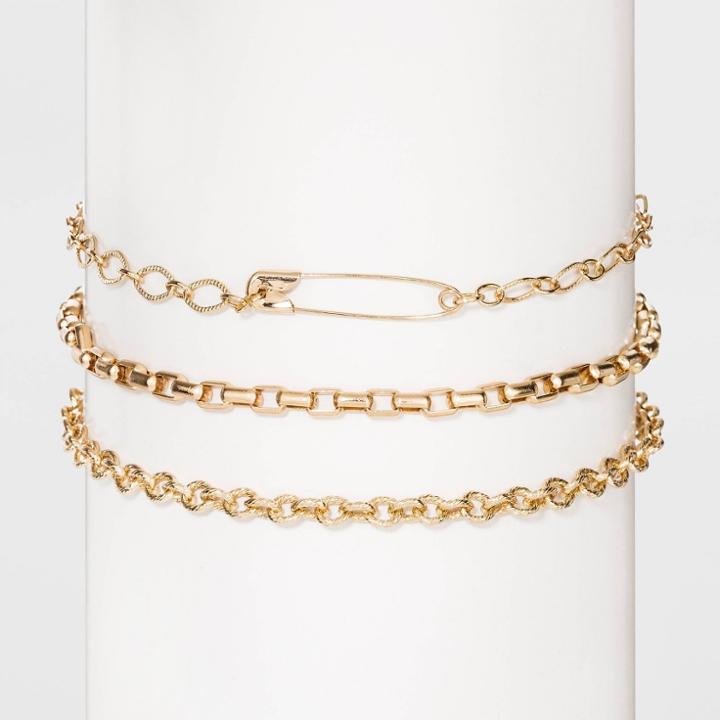 Gold-tone Safety Pin And Chain Choker Set 3pc - Wild Fable Gold