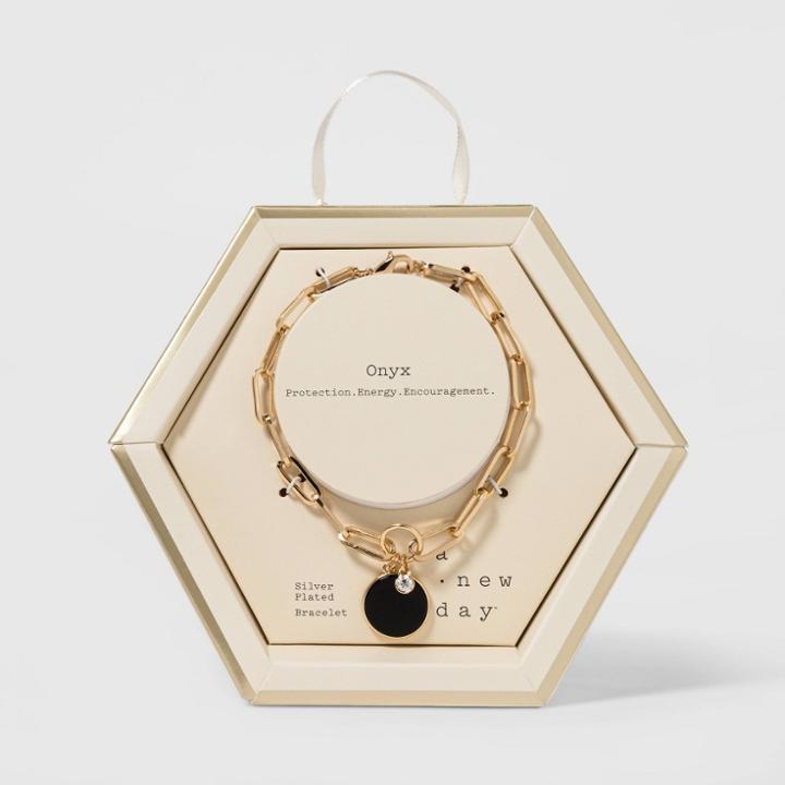 Boxed With Onyx Semi-precious Stone Chain Link Bracelet - A New Day Black, Women's