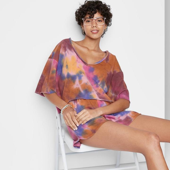 Women's Short Sleeve Raw Hem Cropped Sweatshirt - Wild Fable Grape Tie-dye Xs, Purple Tie-dye