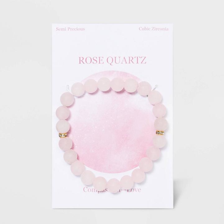 No Brand Semi-precious Rose Quartz Beads And Rondelles Beaded And Stretch Bracelet - Pink