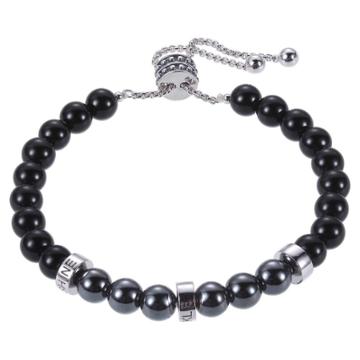 Prime Art & Jewel Fine Silver Plated Bronze Genuine Black Agate And Hematite Smile - Sparkle - Shine Beaded Bolo Bracelet