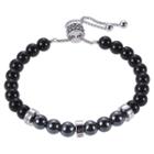Prime Art & Jewel Fine Silver Plated Bronze Genuine Black Agate And Hematite Smile - Sparkle - Shine Beaded Bolo Bracelet