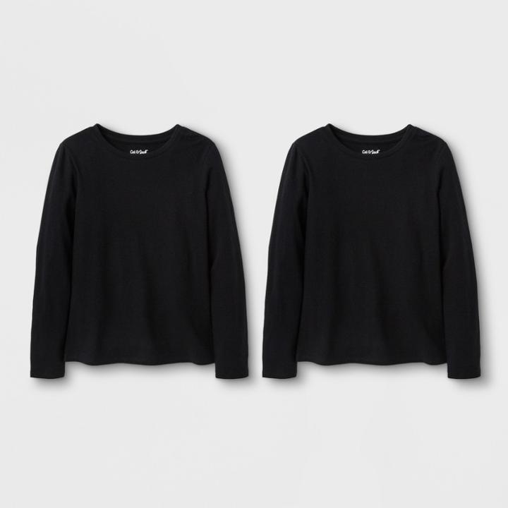 Girls' 2pk Solid Long Sleeve T-shirt - Cat & Jack Black/black S, Girl's,