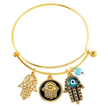 Elya Hamsa Charm With Evil Eye Bangle Bracelet - Gold
