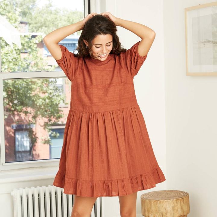 Women's Puff Short Sleeve Eyelet Dress - Universal Thread Rust