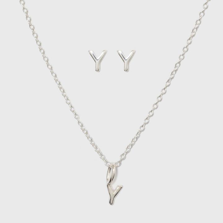 Sterling Silver Initial Y Earrings And Necklace Set - A New Day Silver, Girl's,
