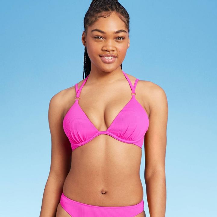 Women's Lightly Lined Ribbed Cross Back Bikini Top - Shade & Shore Magenta