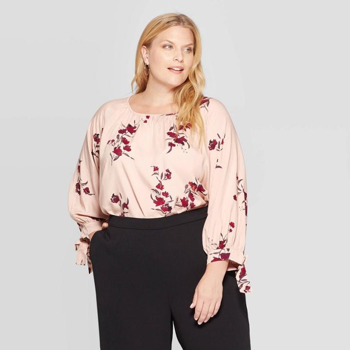 Women's Plus Size Floral Tie Short Sleeve Crewneck Top - Ava & Viv Burgundy X, Women's,