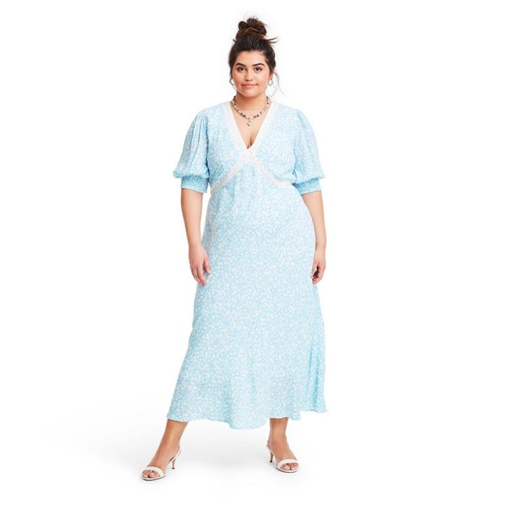 Plus Size Floral Puff Sleeve Lace Inset Swing Dress - Rixo For Target Blue
