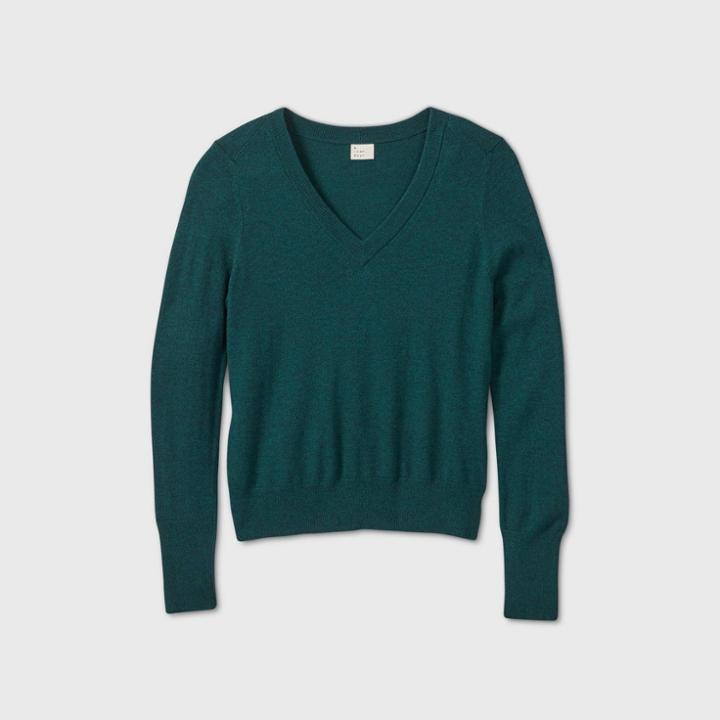 Women's V-neck Pullover Sweater - A New Day Dark Green
