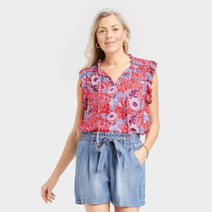 Women's Flutter Short Sleeve Top - Knox Rose Red Floral