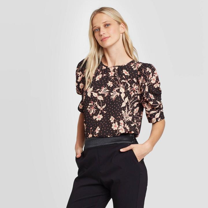 Women's Floral Print Balloon Elbow Sleeve Crewneck Blouse - Who What Wear Black