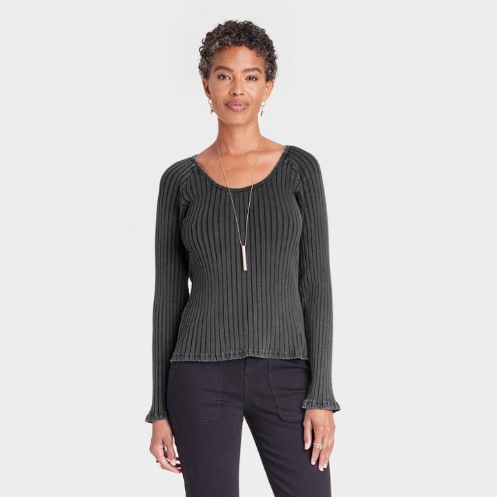 Women's Slim Fit Long Sleeve Ribbed T-shirt - Knox Rose Black
