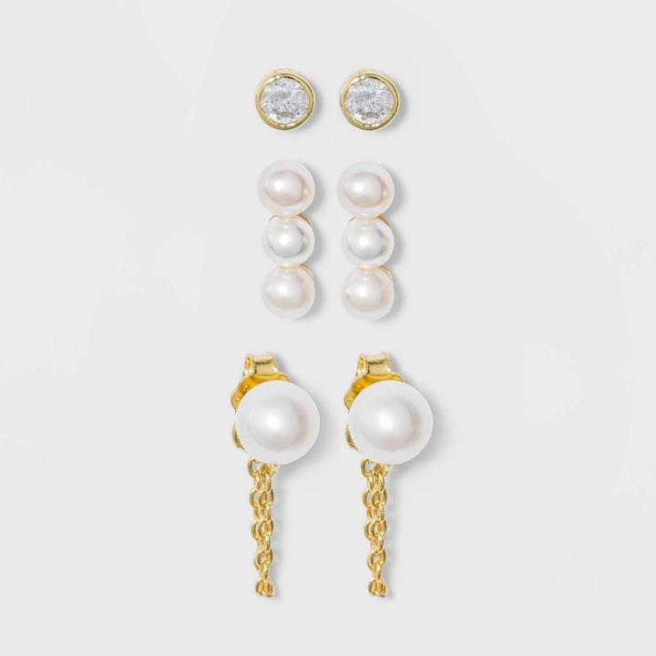 Sterling Silver With Clear Cubic Zirconia, Glass And Pearl Post Stud Earring Set 3pc - A New Day Gold