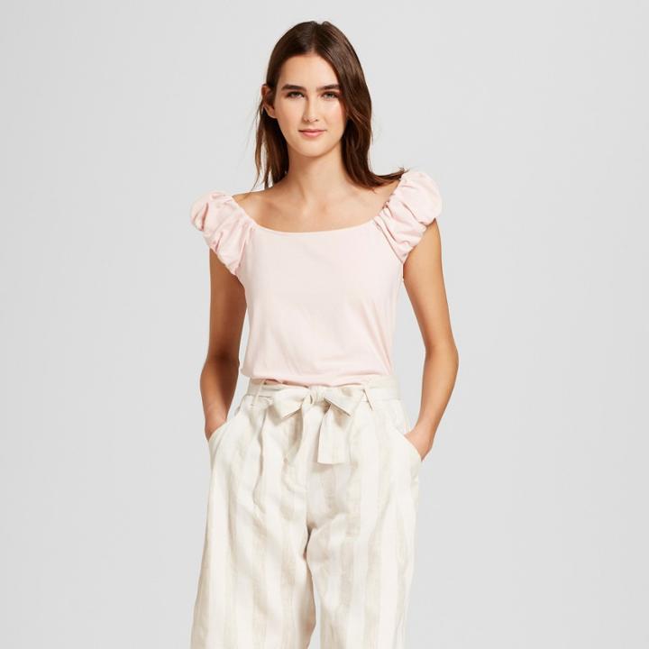 Women's Short Puff Sleeve Bardot Top- Who What Wear Pink