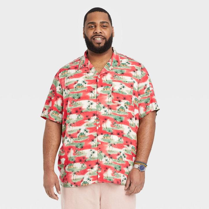 Men's Big & Tall Printed Short Sleeve Button-down Shirt - Goodfellow & Co Coral Pink/map