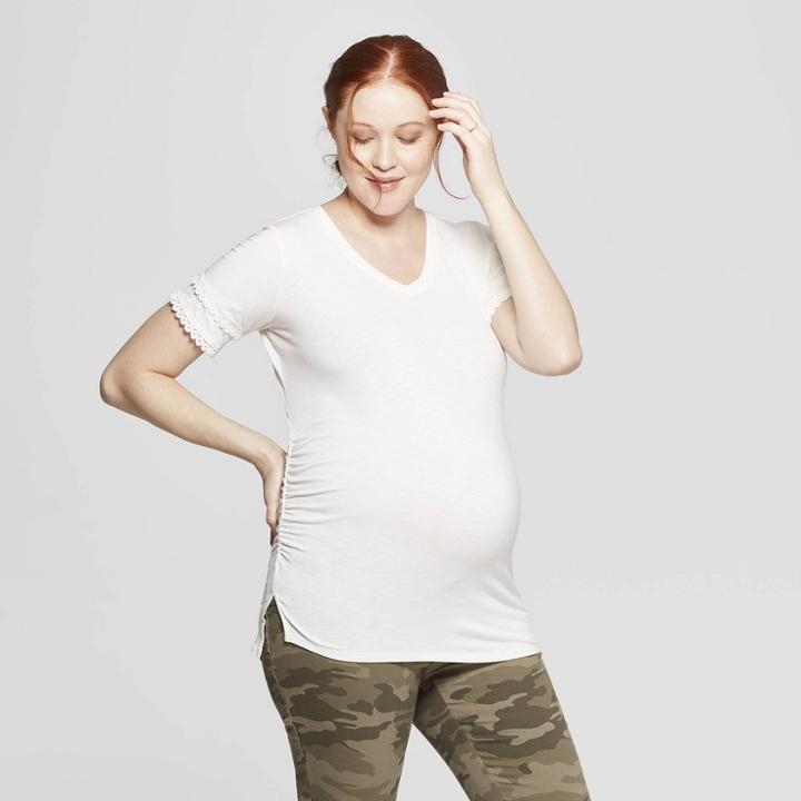 Maternity Short Sleeve Lace Trim T-shirt - Isabel Maternity By Ingrid & Isabel Cream Xl, Women's, White