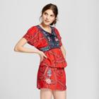 Women's Short Sleeve Embroidered Lace-up Top - Xhilaration Red/navy