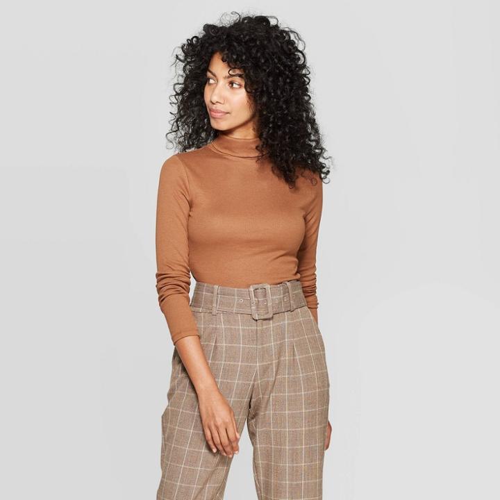 Women's Regular Fit Long Sleeve Turtleneck Ribbed Sweatshirt - A New Day Brown