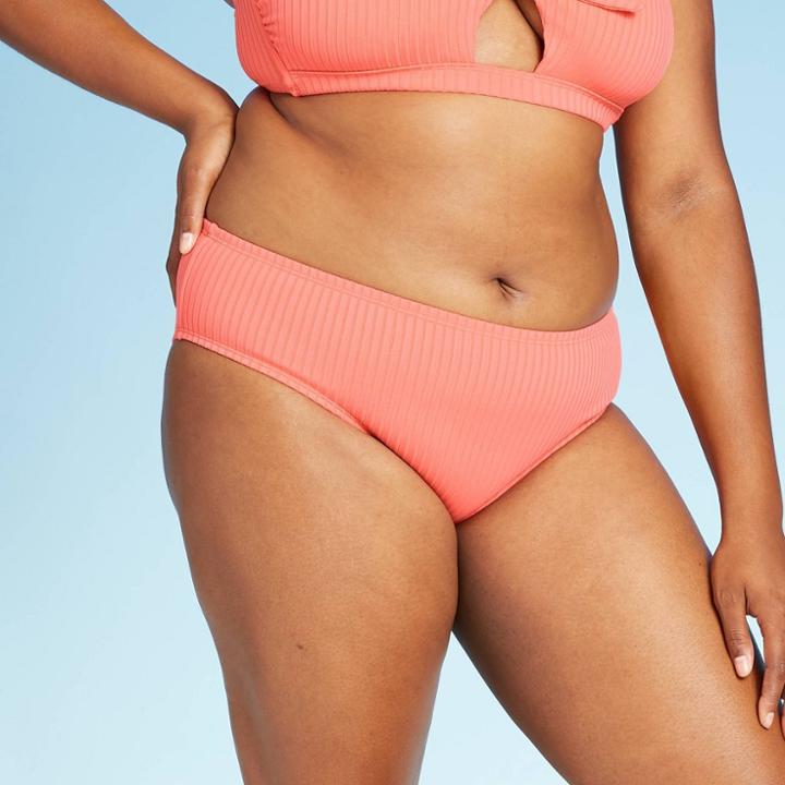 Women's Plus Size Ribbed Bikini Bottom - Xhilaration Coral 14w, Women's, Pink