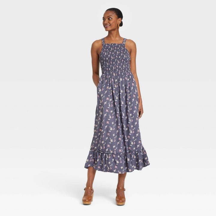 Women's Sleeveless Smocked Strappy Dress - Universal Thread Gray Floral