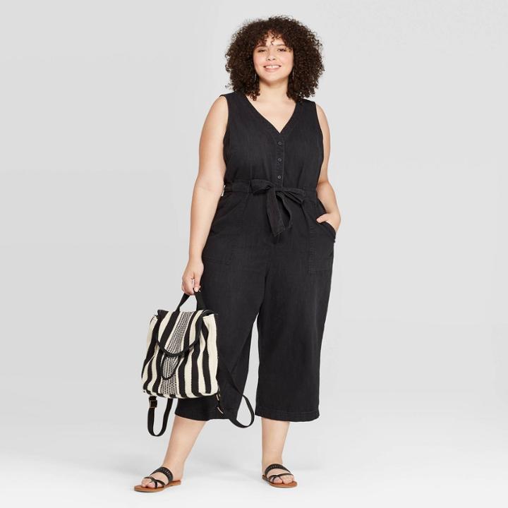 Target Women's Plus Size Sleeveless V-neck Button-front Denim Jumpsuit - Universal Thread Black