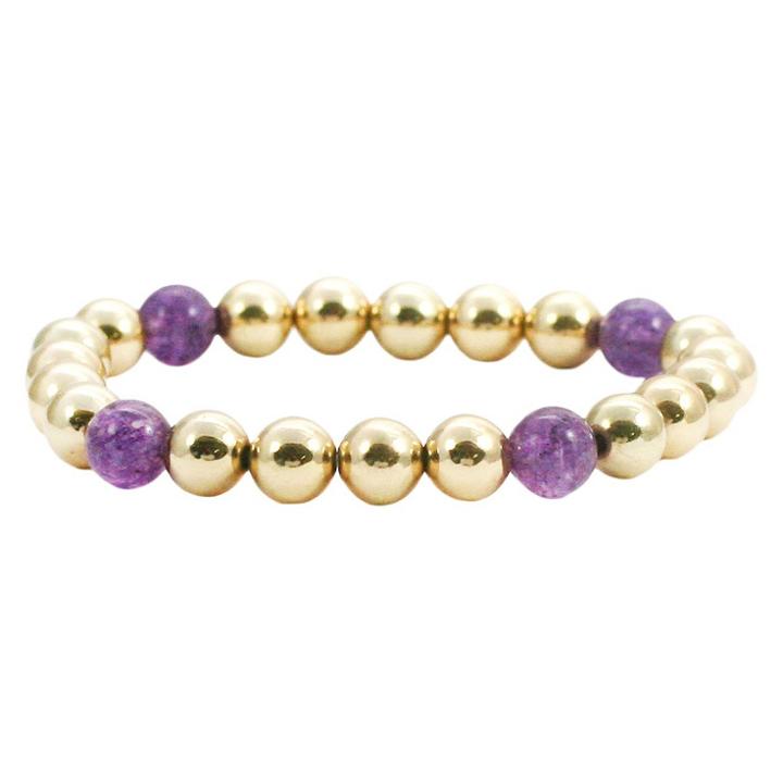 Zirconmania Women's Zirconite 4mm Round Gold Precious Beads Stretch Bracelet-amethyst, Amethyst