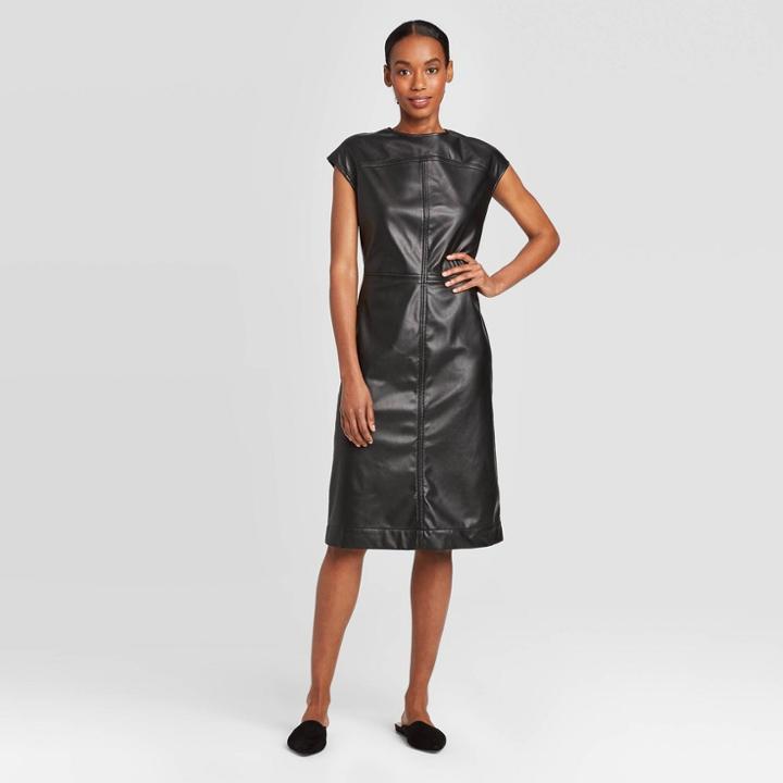 Women's Short Sleeve Faux Leather Dress - Prologue Black