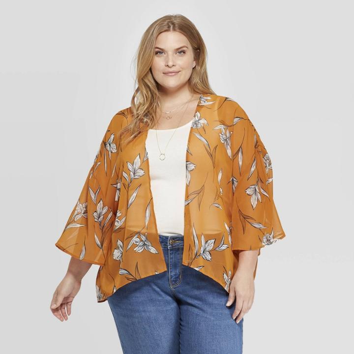 Women's Plus Size Woven Print Pleat Back Kimono - A New Day