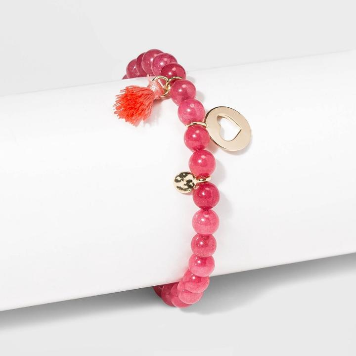 No Brand Semi-precious Beaded With Tassel, Heart Charm, And Disc Stretch Bracelet - Cherry, Women's, Red