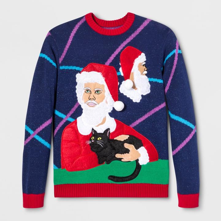 33 Degrees Men's Ugly Holiday Santa Portrait Studio Long Sleeve Pullover Sweater - Blue
