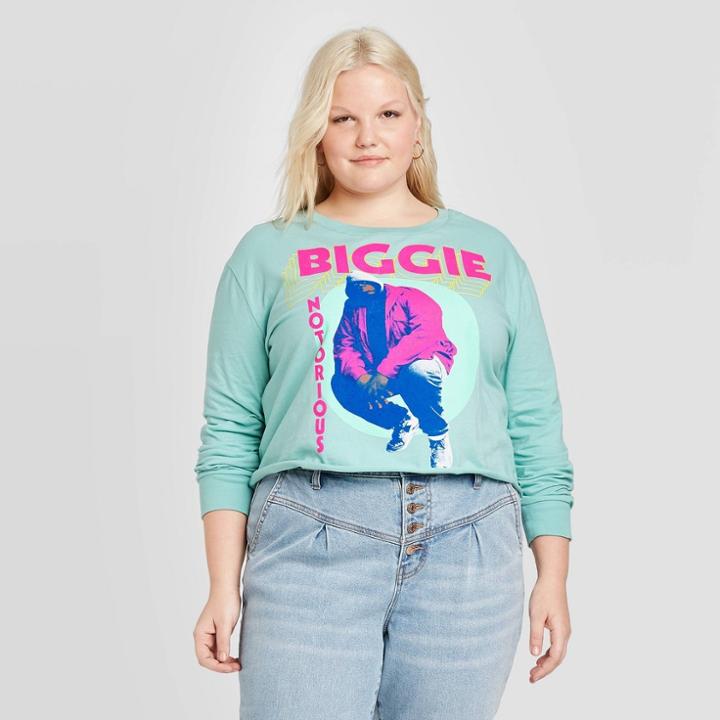 New World Sales Women's Plus Size Biggie Long Sleeve T-shirt (juniors') - Jade Green 1x, Women's,