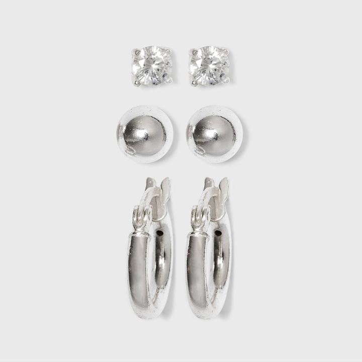 Sterling Cubic Zirconia Silver Ball Studs And Hoop Trio Earring Set - A New Day