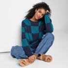 Women's Crewneck Pullover Sweater - Wild Fable Teal Blue Check