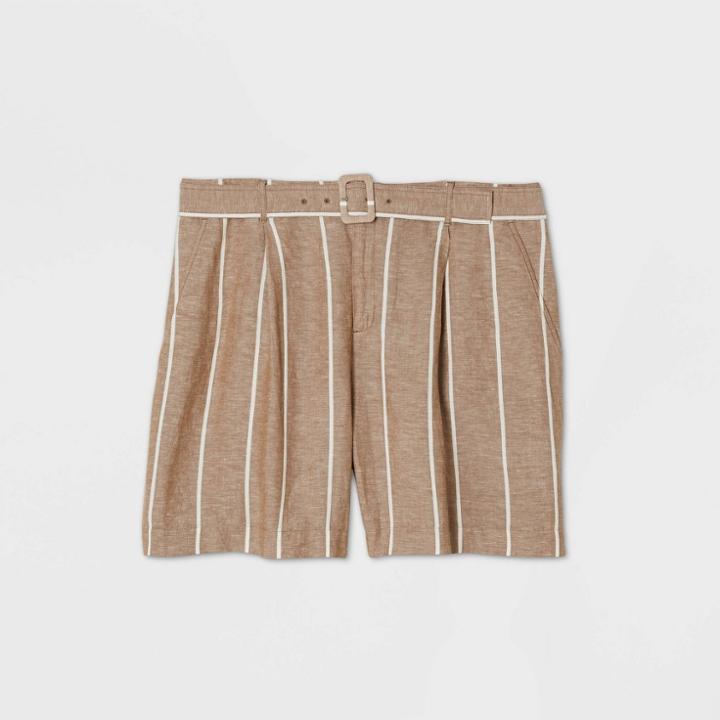 Women's Plus Size Striped High-rise Belted Shorts - A New Day Tan