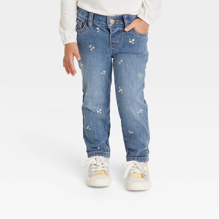 Toddler Girls' Floral Embroidered Skinny Pants - Cat & Jack Medium Wash
