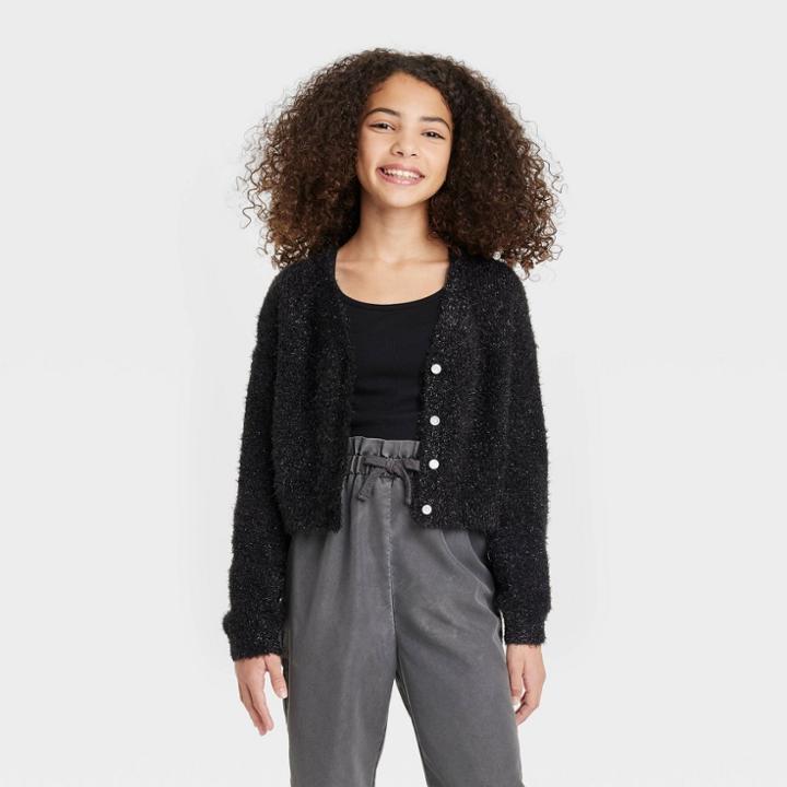 Girls' Eyelash Cardigan Sweater - Art Class Black