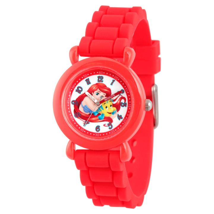 Girls' Disney Princess Ariel Red Plastic Time Teacher Watch, Red Silicone Strap, Wds000145