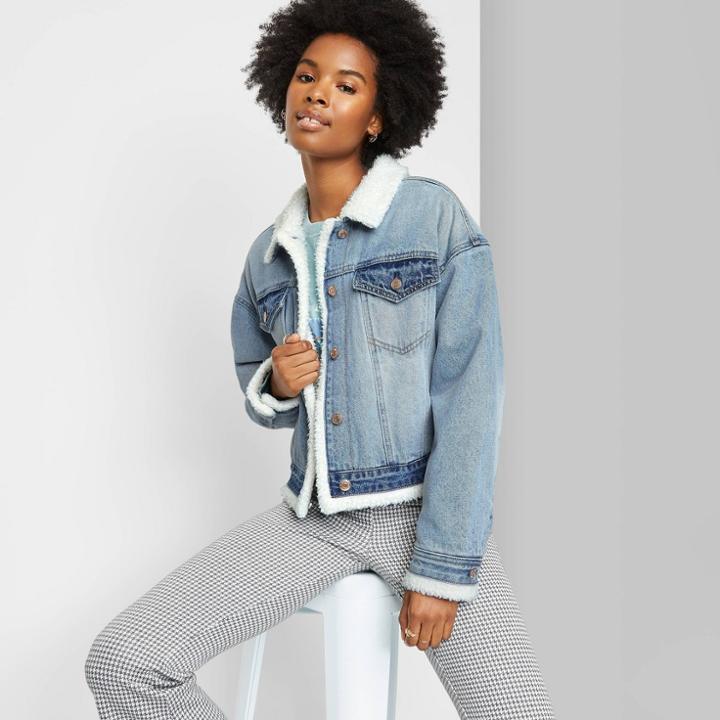 Women's Cropped Sherpa Lined Denim Jacket - Wild Fable Indigo Color Block S, Blue Color Block