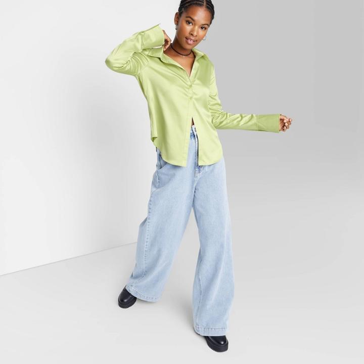 Women's Bell Long Sleeve Collared Satin Button-down Shirt - Wild Fable
