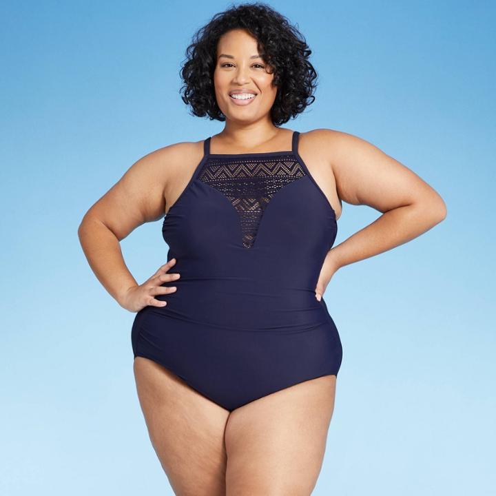 Women's Plus Size Crochet High Neck One Piece Swimsuit - Aqua Green Navy