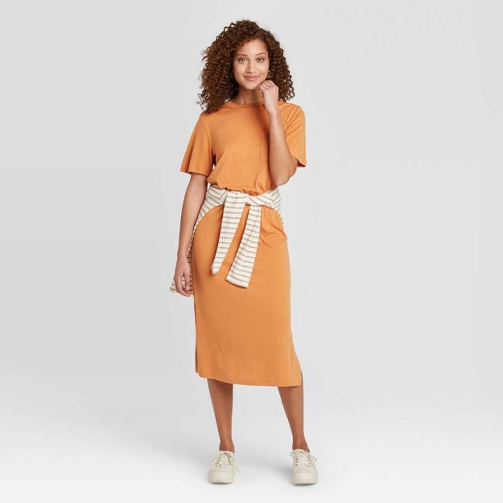 Women's Short Sleeve Cinched Waist T-shirt Dress - A New Day Orange