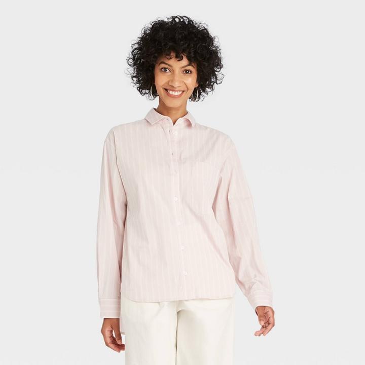 Women's Striped Long Sleeve Button-down Boyfriend Shirt - A New Day Lilac