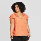Women's Plus Size Leaf Print Short Sleeve V-neck Top - A New Day Orange 1x, Women's,