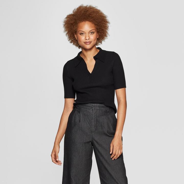 Women's Short Sleeve V-neck Pullover Sweater - Prologue Black