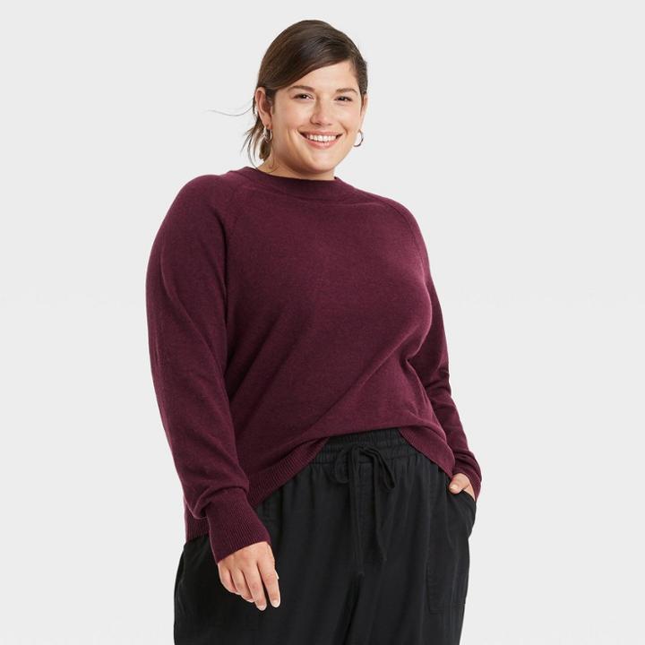 Women's Plus Size Crewneck Light Weight Pullover Sweater - A New Day Burgundy