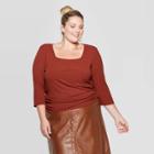 Women's Plus Size Long Sleeve Square Neck Rib Top - Ava & Viv Brown 4x, Women's,